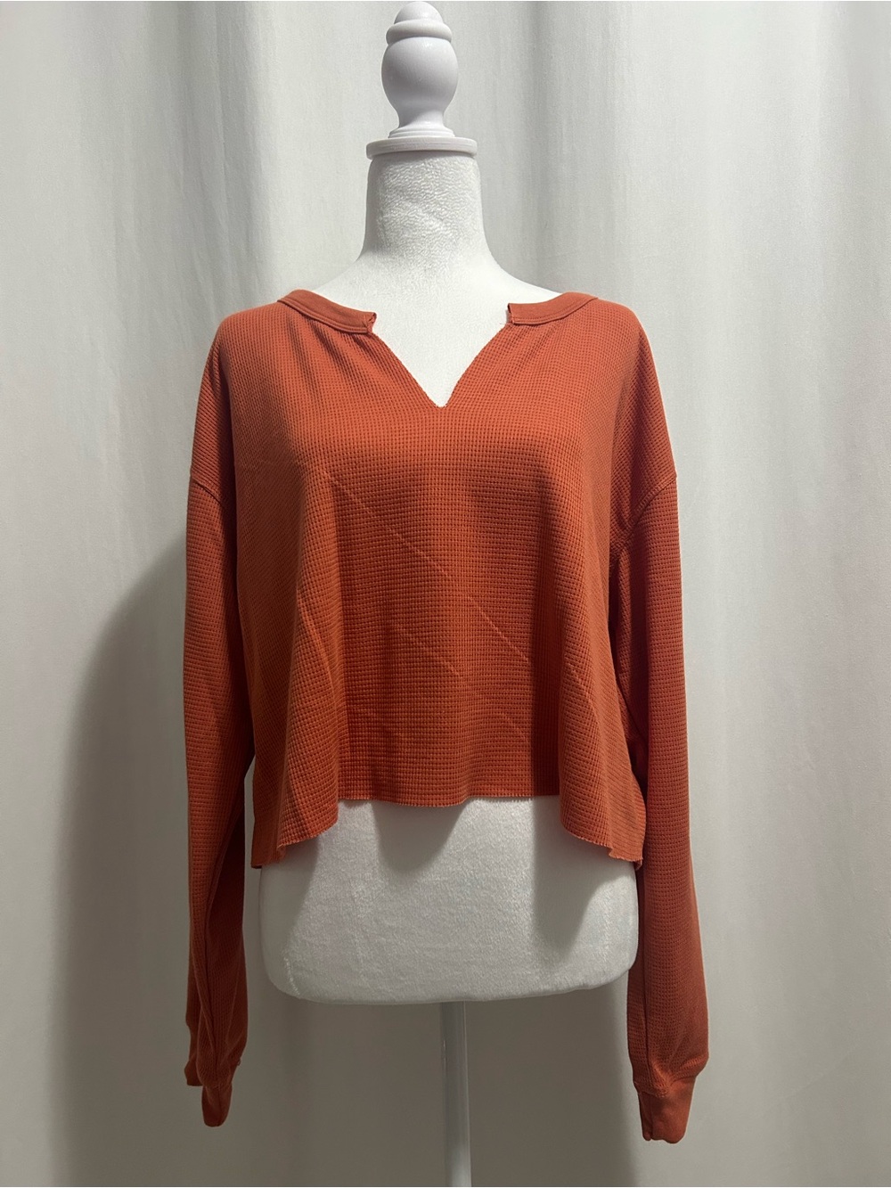 Forever 21 Rust Waffle-Knit V-Notch Long Sleeve Top